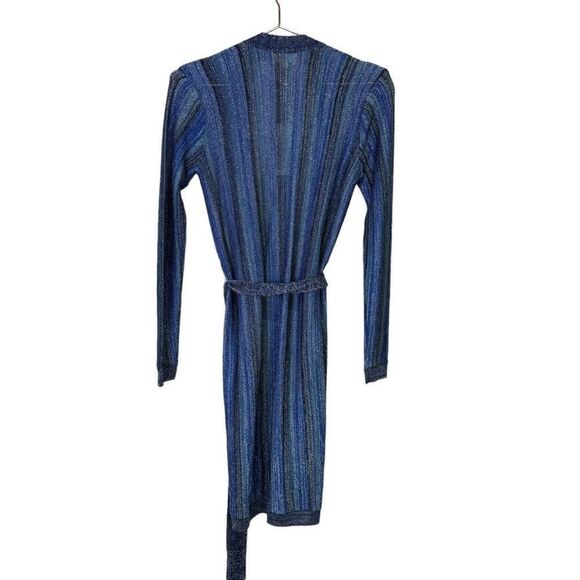 NWT L'Agence Knit Striped Tie Waist Berkeley Wrap Cardigan Blue Metallic Size XS - Picture 6 of 12